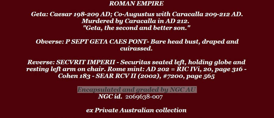 AR Denarius, NGC Certified XF Geta Roman Silver coin