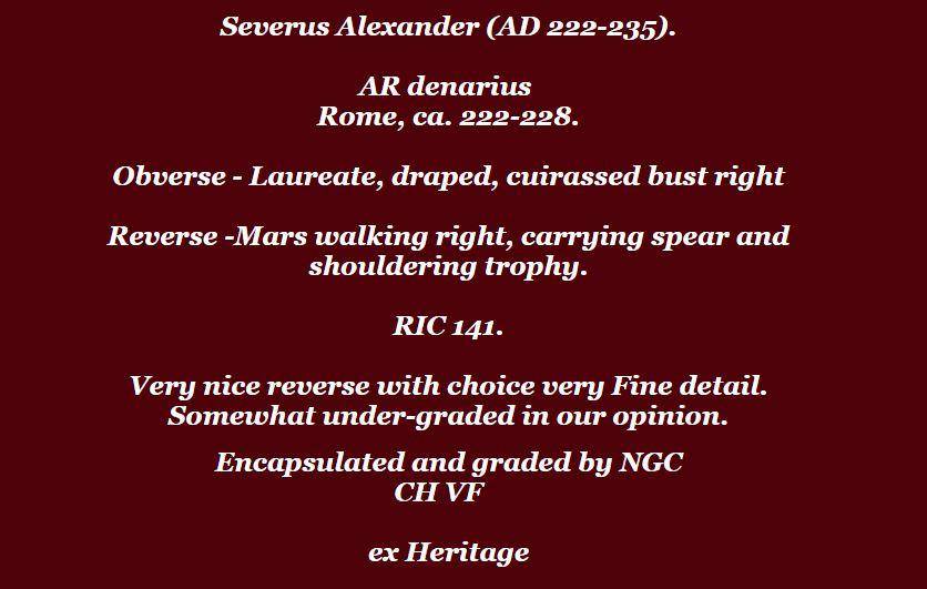 AR Denarius NGC CH VF. Certified Severus Alexander Roman coin