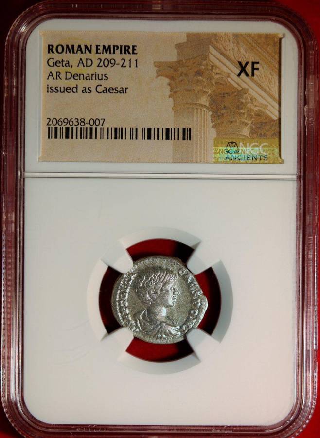 AR Denarius, NGC Certified XF Geta Roman Silver coin