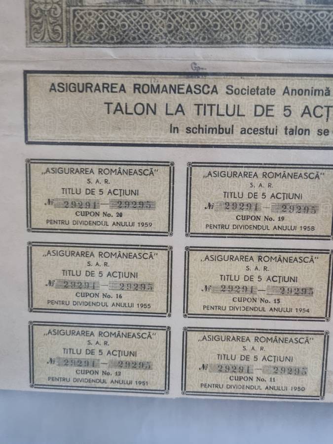 Antique Romanian insurance share certificate 1942