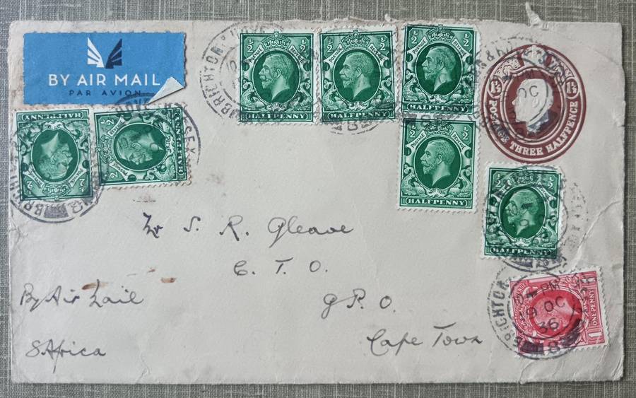 Airmail cover 1936 England to Cape Town on three halfpence prepaid envelope plus others