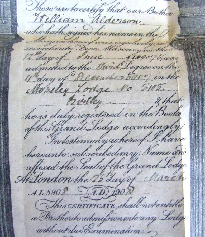 Vintage Free Mason Certificate