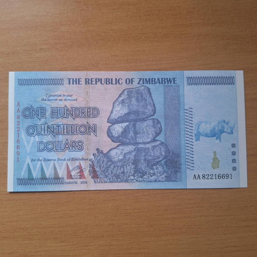 Zimbabwian 100 Quitillion Rhino commemorative banknote