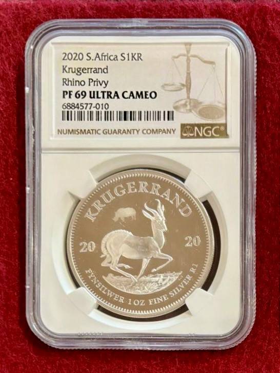 Graded RSA 2020 Proof Silver Kruger R1 with Rhino Privy: NGC PF69 - SERIES 1