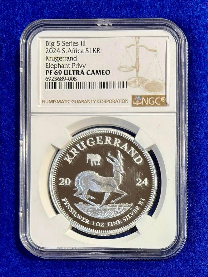 Graded RSA 2024 Proof Silver Kruger R1 with Elephant Privy: NGC PF69
