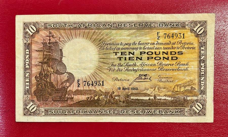 RSA 1943 J Postmus (van Riebeeck Watermark) 10 Pound Note