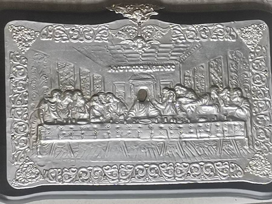 THE LAST SUPPER SILVER GREEK ARTWORK ON WOODEN FRAME - MEASURES 335MM x 220MM