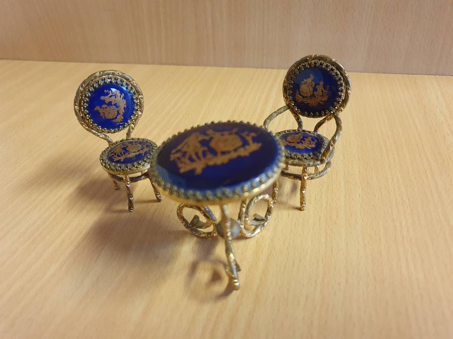 Set of 3 Miniature Limoges Gilt and Cobalt Blue Enameled Porcelain Table and Chairs