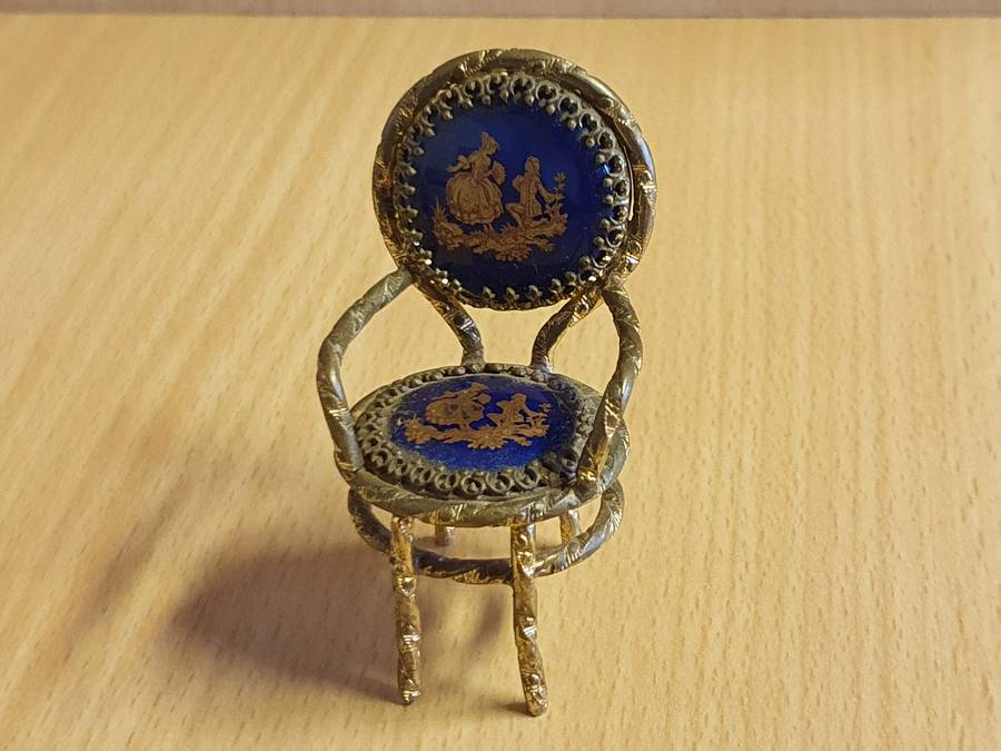 Set of 3 Miniature Limoges Gilt and Cobalt Blue Enameled Porcelain Table and Chairs