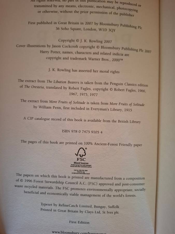 Harry Potter and the Deathly Hallows : J.K. Rowling - First Edition  (Hardcover)
