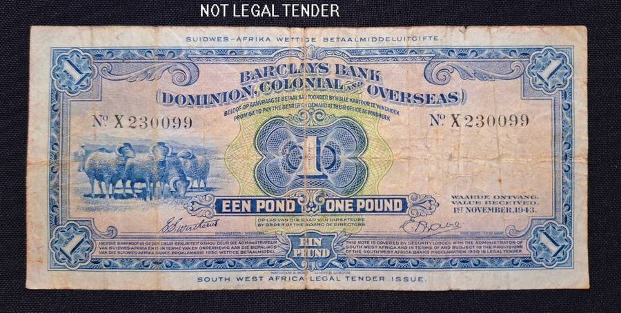 South West Africa -- BARCLAYS BANK One Pound Note   1ST November 1943
