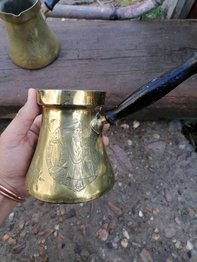 SET OF 2 ANTIQUE BRASS COFFEE POTS