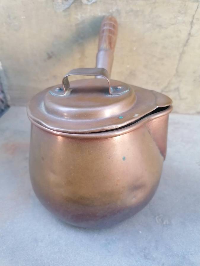 Antique Victorian copper milk saucepan and lid