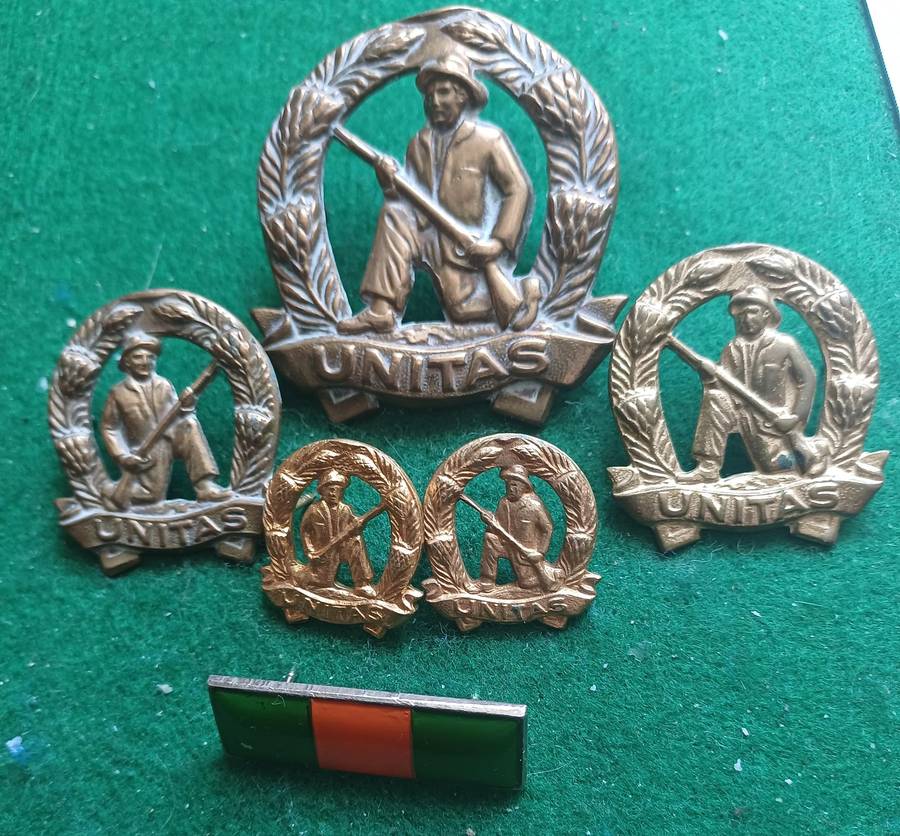 SA Commando set of brass cap badge, collars and mess dress collars with balkie, all pins.