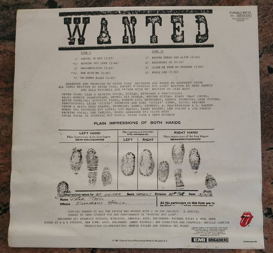 PETER TOSH Wanted Dread and Alive (VG/VG) SLEEVE DAMP DAMAGED - CUNJ(L) 39113 SA Press 1981