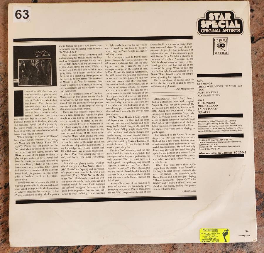 BUD POWELL  A Portrait of Thelonious with Kenny Clarke, Pierre Michelot (VG/VG) CBS STR 20048 SA