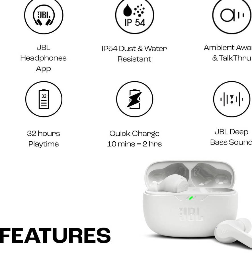 JBL Wave Buds True Wireless Bluetooth Headphones - White