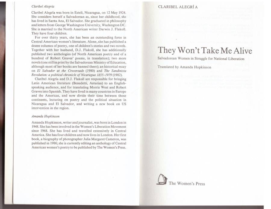 They Won't Take Me Alive: Salvadorean Women in Struggle for National Liberation - Claribel Alegría
