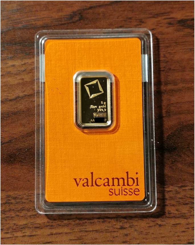 5 gram 24kt .999 Fine Gold Bar - Valcambi Suisse - Country of Origin UAE (Assay and Certified)