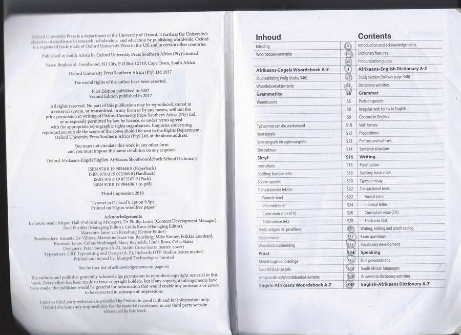 Oxford  Bilingual Dictionary: Afrikaans and English 2e School Dictionary third impression 2018