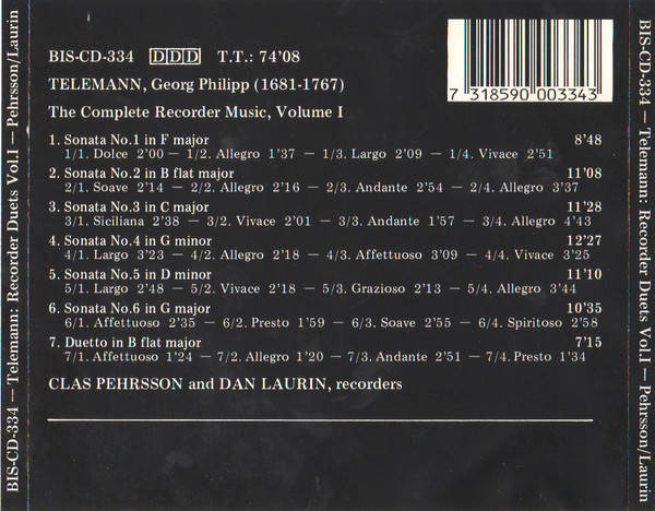 CD - Georg Philipp Telemann - Clas Pehrsson, Dan Laurin - The Complete Recorder Duets, Volume I