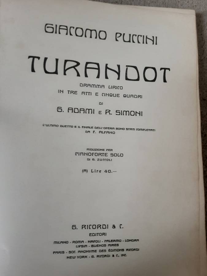 Giacomo Puccini Turandot published by G Ricordi & C in 1926