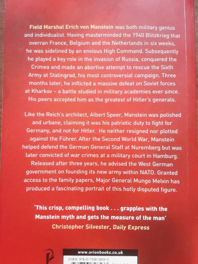 Manstein Hitler's Greatest General by Mungo Melvin