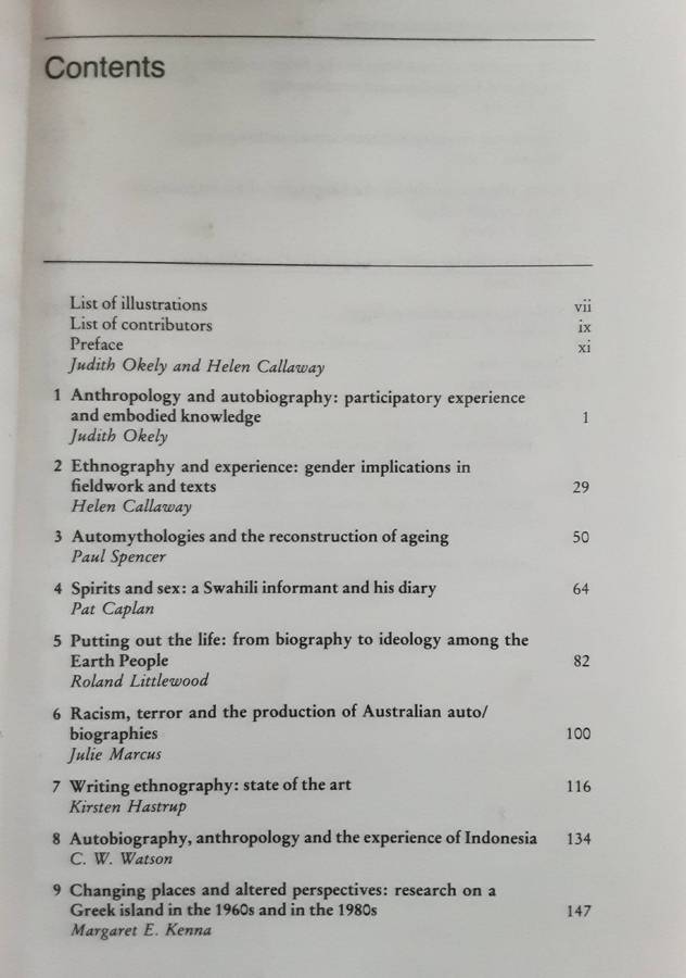 Anthropology & Autobiography edited by Judith Okely & Helen Callaway
