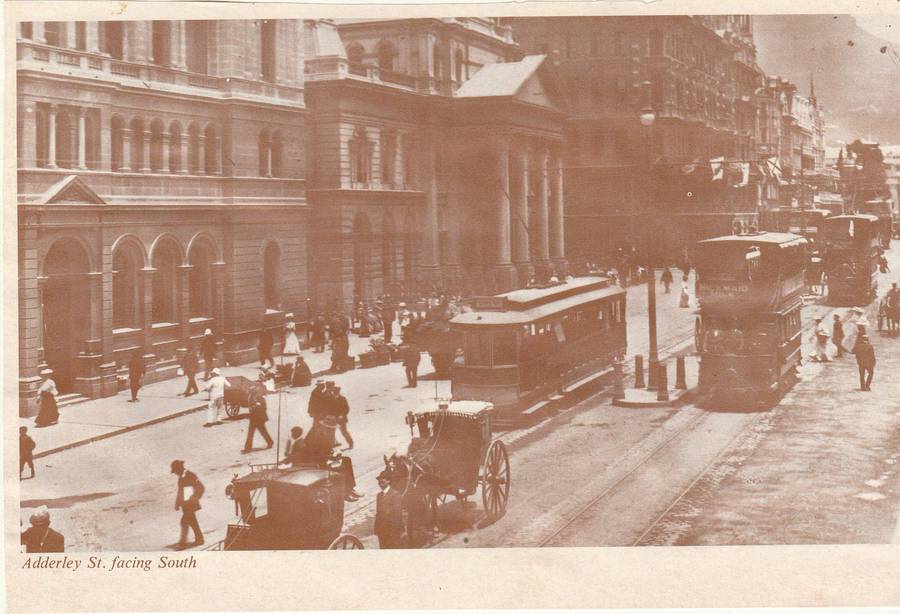 A REPLICA  COPY OF POST CARD OF ADDERLEY ST. FACING SOUTH LOOK SCAN