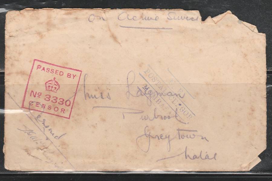 ON ACTIVE SERVICE TO GREYTOWN CENSOR STRIKE FRONT NO3330 IN RED LOOK SCAN