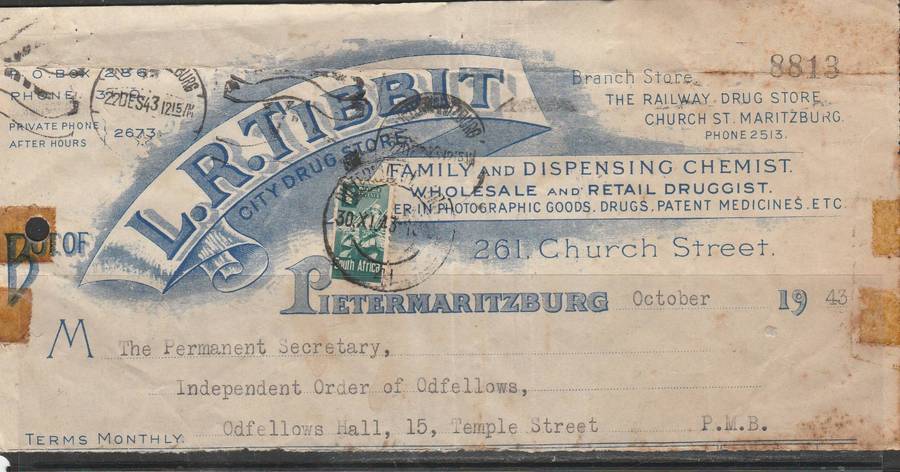 A UNUSUAL REVENUE ITEM WITH SMALL WAR SA HALF PENNY FRANKED ON L.R. TIBBIT CITY DRUG STORE LOOK SCAN