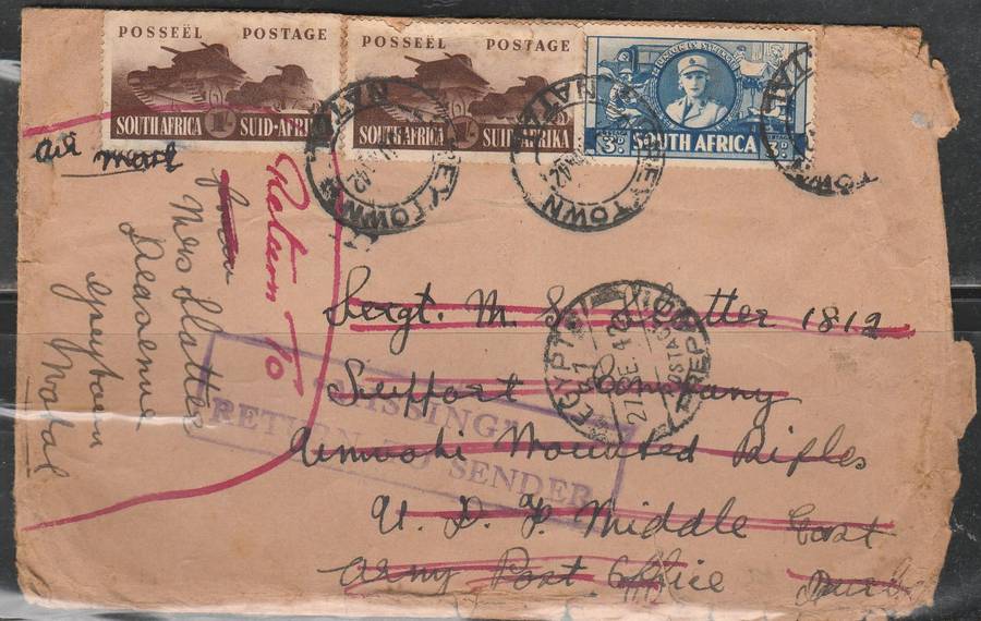 A COVER FROM GREYTOWN SA TO EGYPT CACHET MISSING RETURN TO SENDER 1941 AND IN RED LOOK SCAN