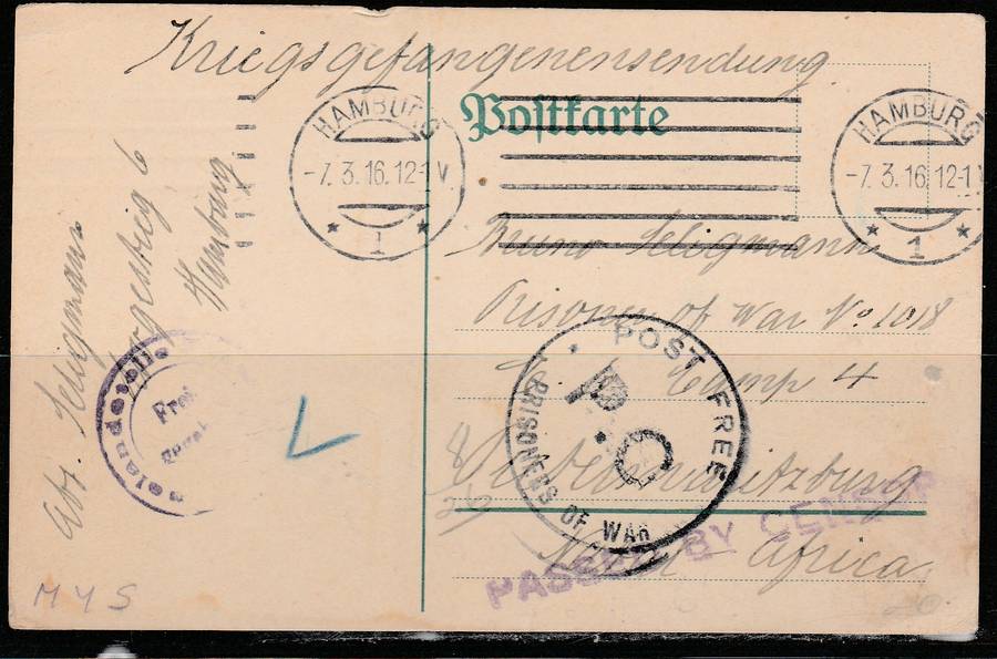 A PICTURE POST CARD GERMAN P.O.W. MAILED FROM HAMBURG TO SOUTH AFRICA CENSOR CACHETS APPLIED