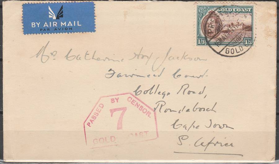 GOLD COAST 1941 TO SOUTH AFRICA  CENSOR COVER PASSED BY NO.7 LOOK SCAN