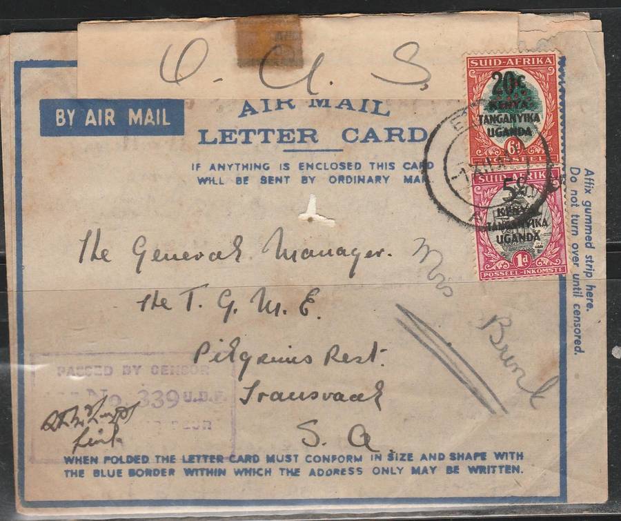 ON ACTIVE SERVICE TO PILGRIMS REST FRANKED SA STAMPS OVER PRINTED K. T. U. WITH CENSOR TAB SCAN X 2