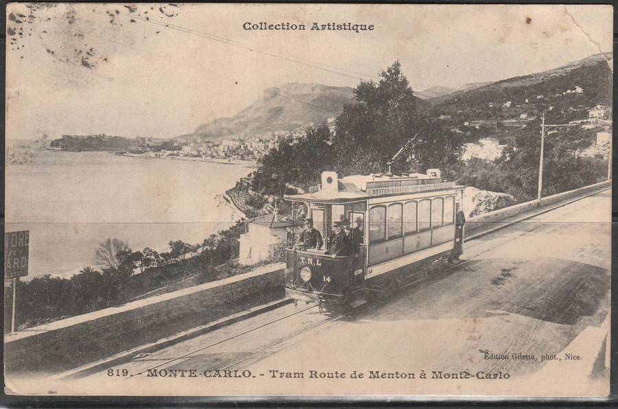 A LOVELY POST CARD PICTURE OF TRAM ROUTE DE MENTON MONTE CARLO MAILED TO S. A. 1907 LOOK SCAN X 2