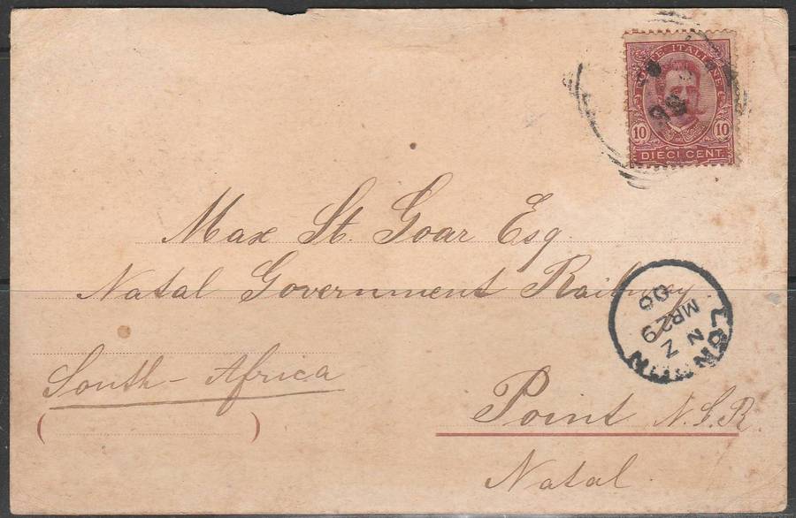 A LOVELY POST CARD FROM ITALY TO SOUTH AFRICA  POINT VIA LONDON 1909 LOOK SCAN X 2