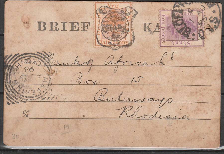 ORANGE FREE STATE 1898 BRIEF CARD USED TO BULAWAYO LOOK SCAN X 2