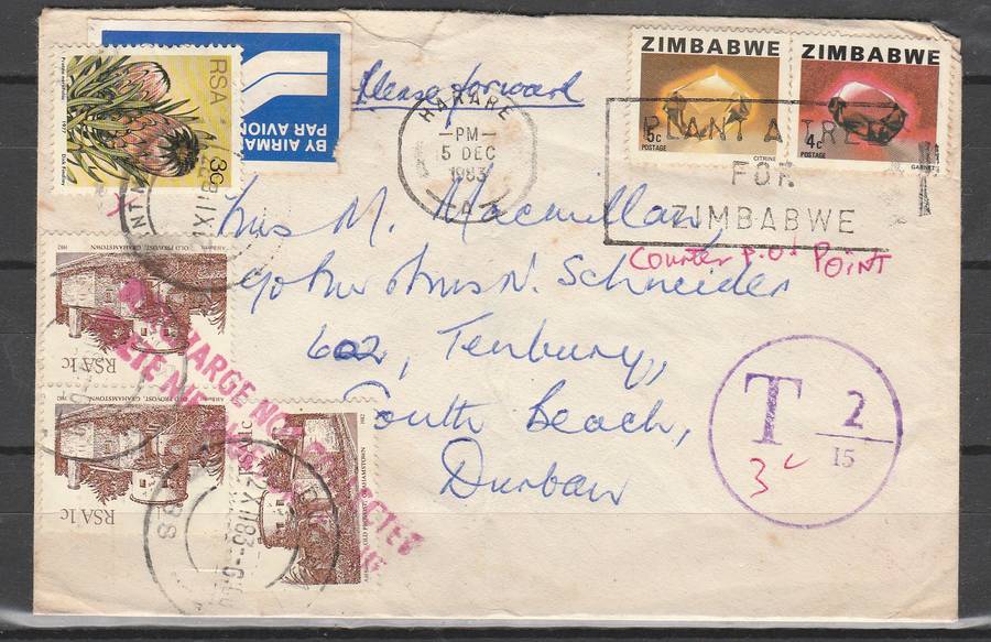 ZIMBABWE COVER TO S.A. REDIRECTED AND THEN TAXED CACHETS APPLIED LOOK SCAN X2