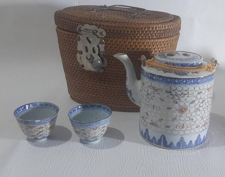 VINTAGE HAND-PAINTED CHINESE PORCELAIN TEA SET IN WOVEN BASKET - A TREASURE FROM TIME