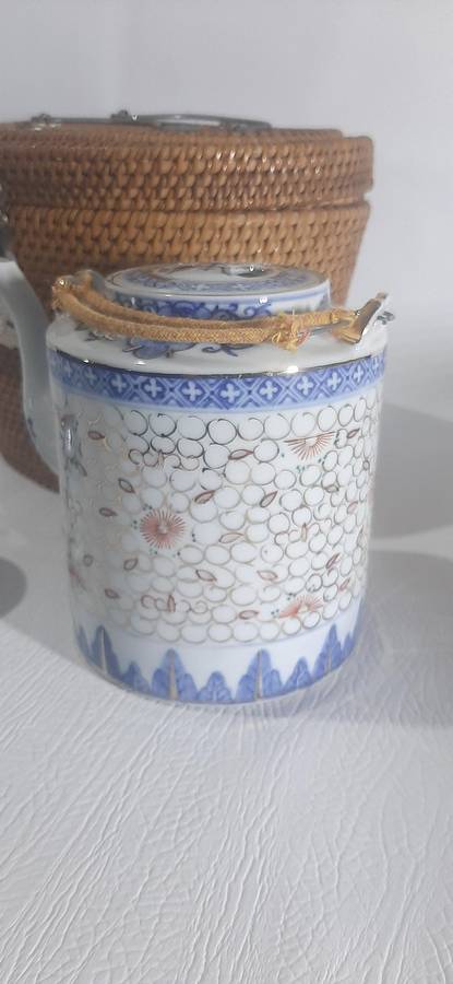 VINTAGE HAND-PAINTED CHINESE PORCELAIN TEA SET IN WOVEN BASKET - A TREASURE FROM TIME