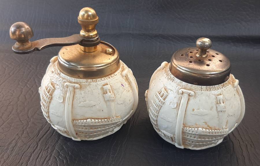 VINTAGE ITALIAN SALT & PEPPER DISPENSERS  BRASS & IVORINE WITH LANDMARK DEPICTIONS