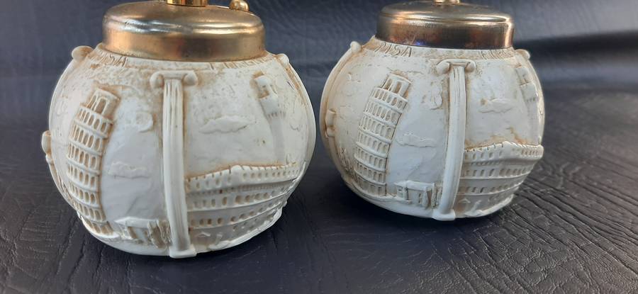 VINTAGE ITALIAN SALT & PEPPER DISPENSERS  BRASS & IVORINE WITH LANDMARK DEPICTIONS