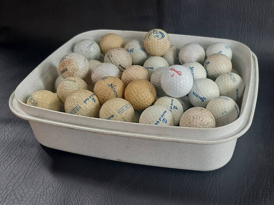 LOT OF 58 USED GOLF BALLS  MIXED BRANDS & PLAYWEAR