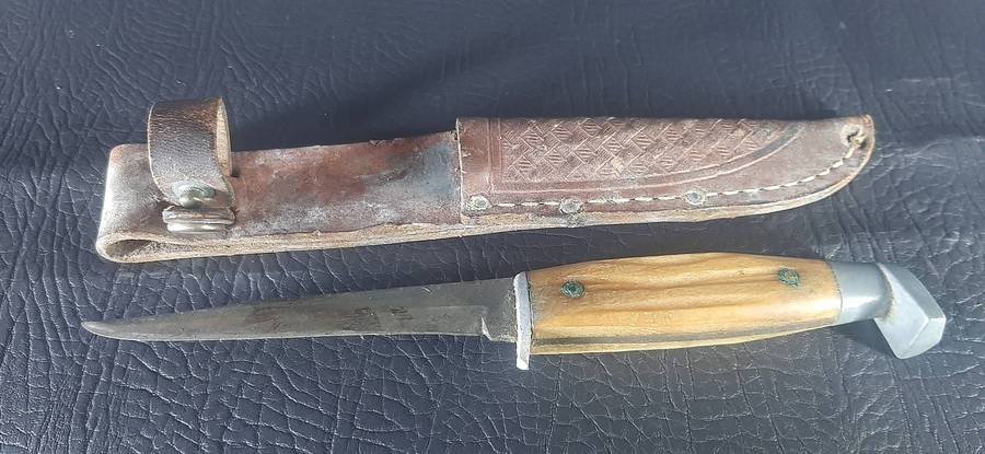 HANDMADE VINTAGE KNIFE  HORN HANDLE & LEATHER SHEATH  19.5CM  SHARP BLADE