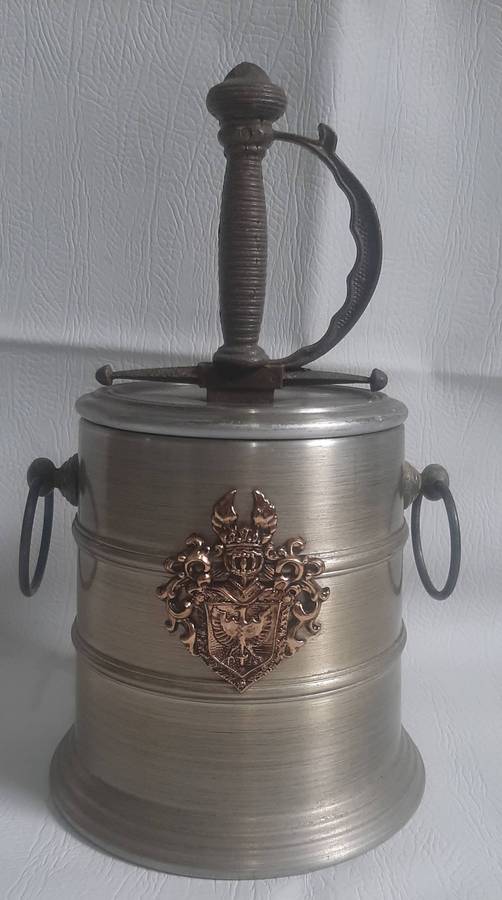 VINTAGE METAL ICE BOX WITH SWORD-HILT HANDLE  31CM TALL