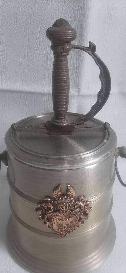 VINTAGE METAL ICE BOX WITH SWORD-HILT HANDLE  31CM TALL