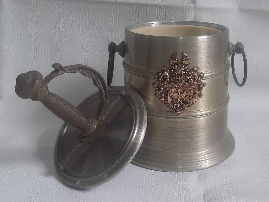 VINTAGE METAL ICE BOX WITH SWORD-HILT HANDLE  31CM TALL