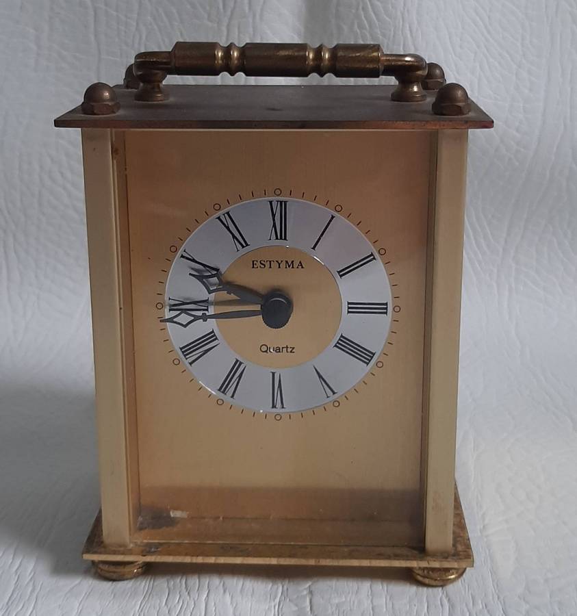 SMALL BRASS QUARTZ CARRIAGE CLOCK  ESTYMA  8CM x 6CM x 11CM
