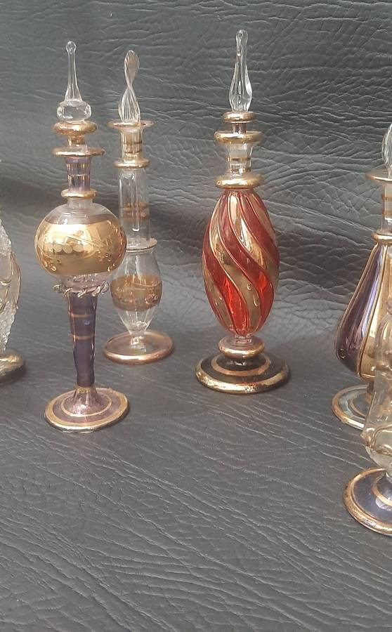SET OF 14 EGYPTIAN PERFUME BOTTLES  HAND-BLOWN GLASS WITH ORNATE DETAILING
